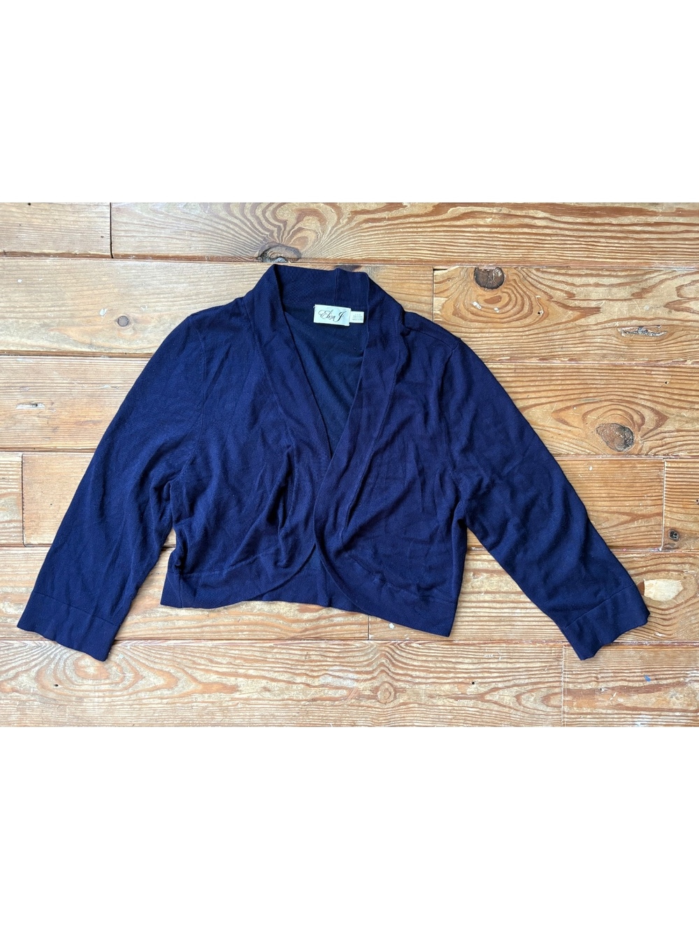 Eliza J Navy Cropped Open Front Knit Shrug Cardigan Womenโs Large 3/4 Sleeve
